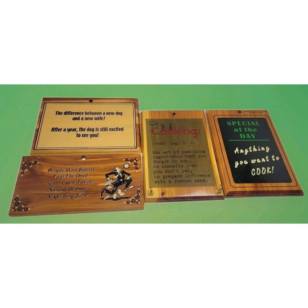 Set of 4 Vintage Cedar Novelty Plaques 5x7 Cabin Man Cave Humor Decor MCM NOS